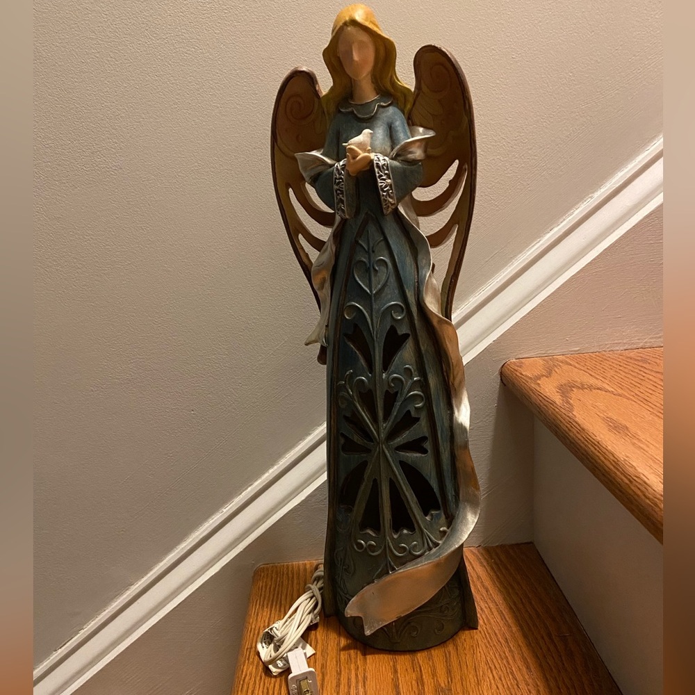 Decorative Angel Table Luminary in Teal and Antique Gold with light EUC